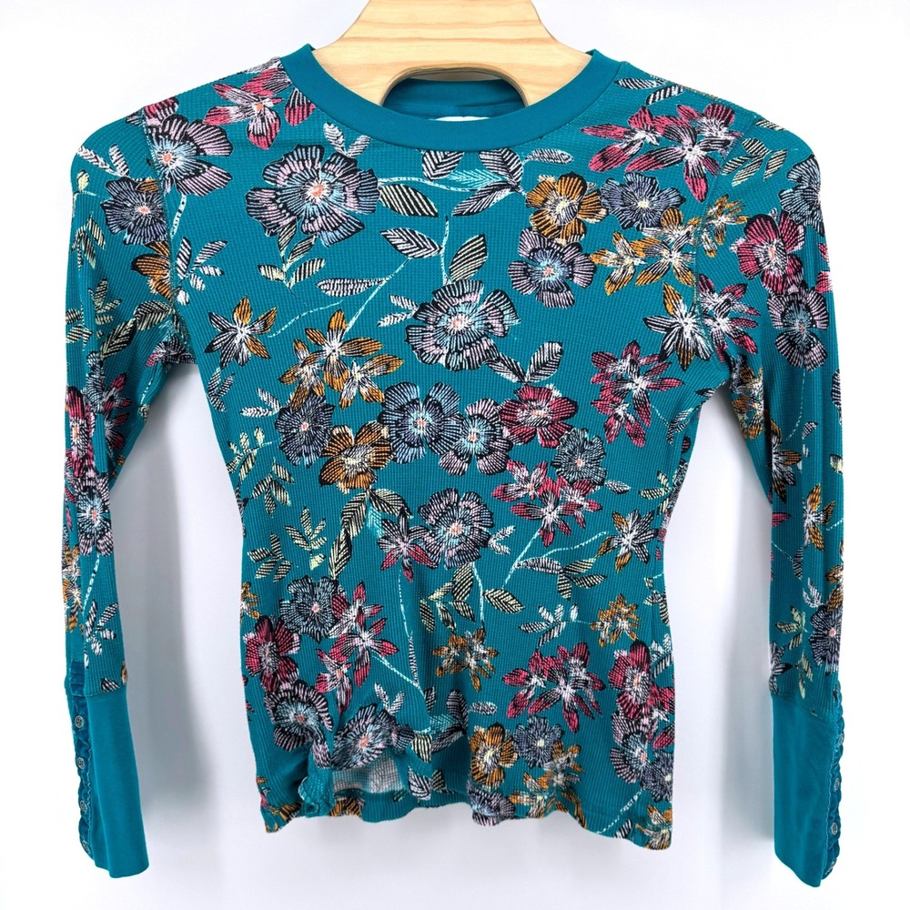 Sundance Thermal Knit Top Women Medium Teal Floral Waffle Long Sleeve Boho Cuffs - Picture 2 of 5